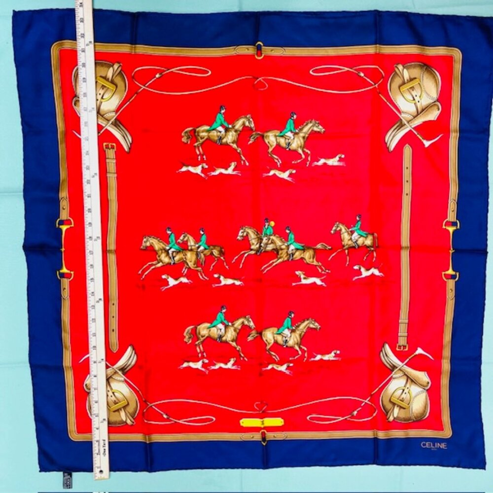 Unused-CELINE Paris 100% SilkScarf 34" x34" Red Blue Hourses Dogs Italy Made(59 - Picture 11 of 15